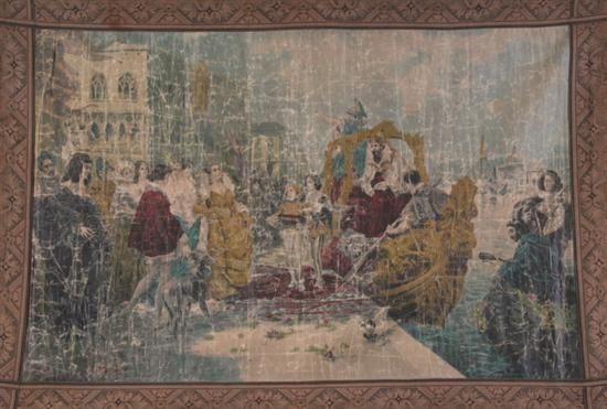 Appraisal: CONTINENTAL TAPESTRY-MOUNTED HAND-PAINTED PANEL Circa s Depicting a Venetian carnival