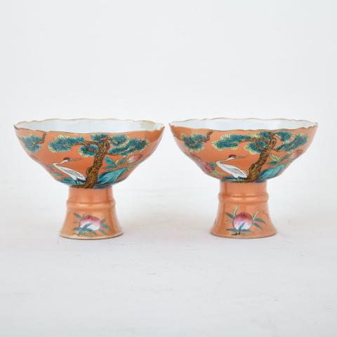 Appraisal: Pair of Famille Rose Stem Cups Republican Period With a