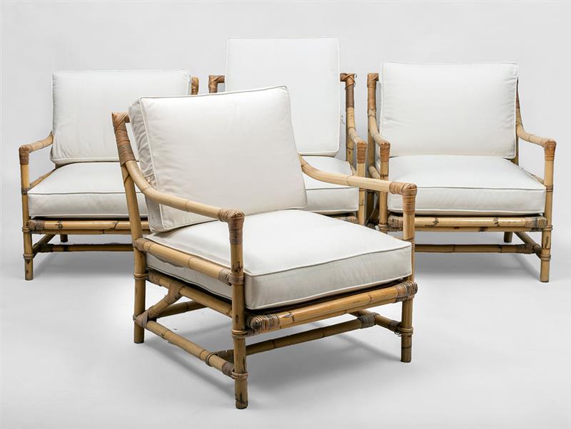 Appraisal: Set of Four Bamboo and Upholstered Armchairs x x in