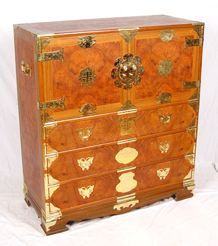 Appraisal: BRASS MOUNTED ORIENTAL BURLWOOD CABINET doors over full length drawers