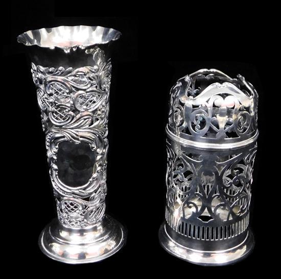 Appraisal: SILVER Two pierced sterling vessels trumpet vase with floral decoration