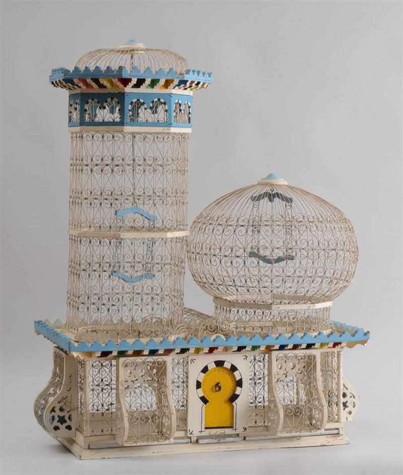 Appraisal: WHIMSICAL PAINTED WOOD AND WIRE BIRDCAGE The rectangular base supporting