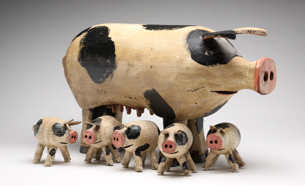 Appraisal: FOLK ART PIG AND PIGLETS BY NANCY THOMAS American late