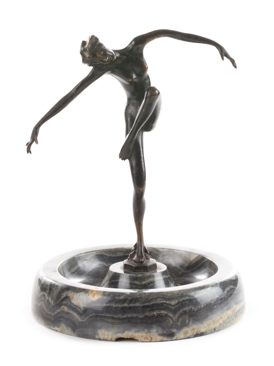 Appraisal: Art Deco bronze figural dish circa s with stylized patinated