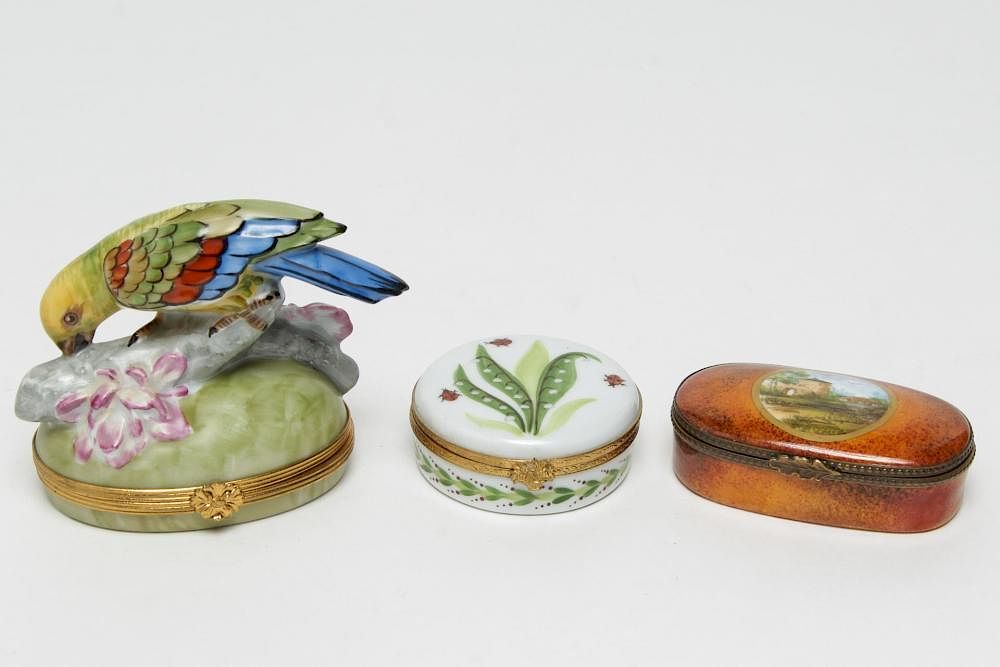 Appraisal: Limoges Porcelain Pillboxes inc Tiffany Co Limoges porcelain three ormolu-mounted