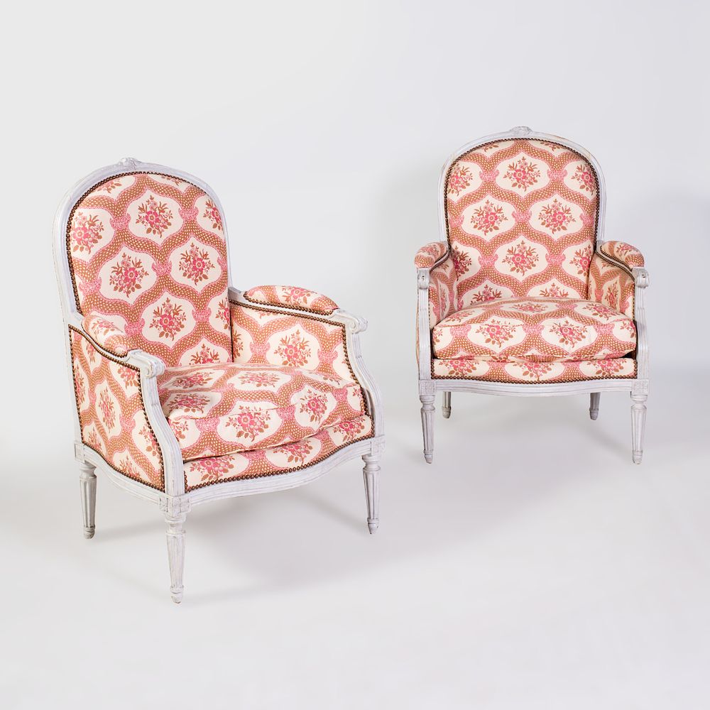 Appraisal: Pair of Louis XVI Grey Painted Berg res Upholstered in