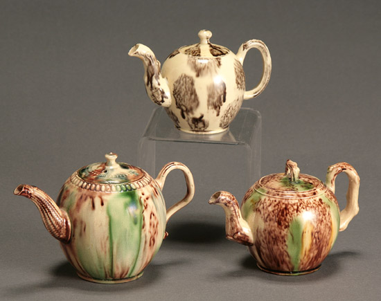 Appraisal: Three Staffordshire Whieldon-Type Teapots Circa - Each having a globular