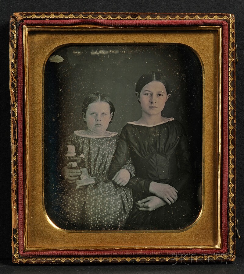 Appraisal: Oversized Quarter Plate Daguerreotype of Two Sisters One Holding a