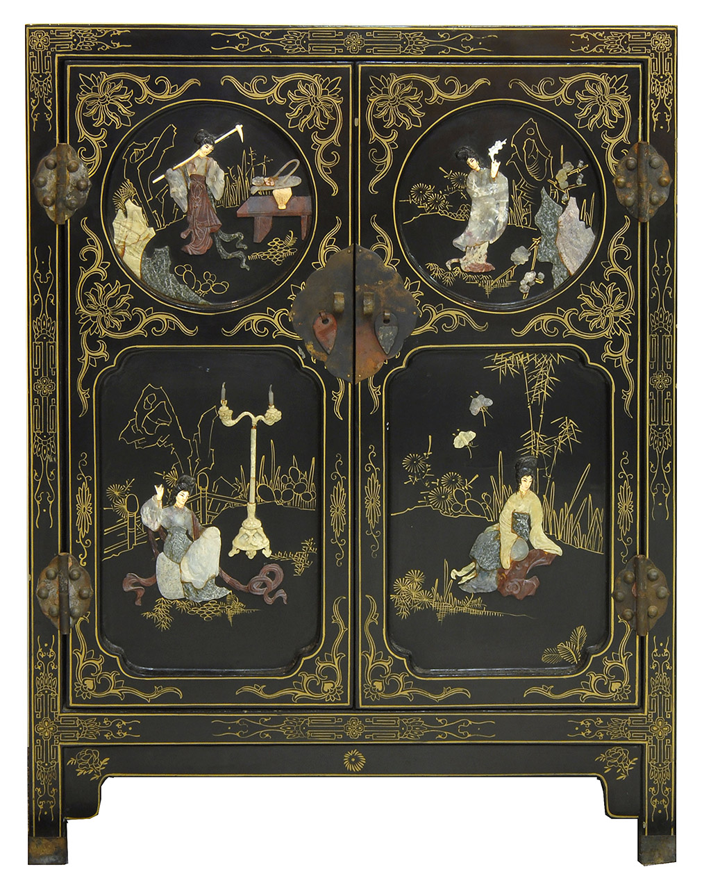 Appraisal: PIETRA DURA-INLAID TWO-DOOR CABINET in black Coromandel lacquer with figural