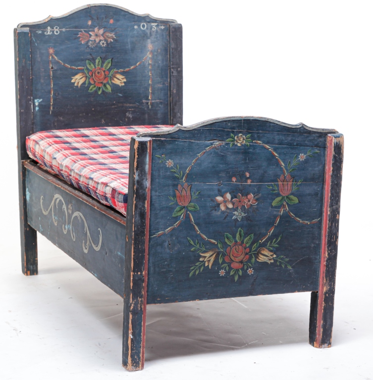 Appraisal: EUROPEAN DECORATED YOUTH BED Nineteenth century pine Head and foot