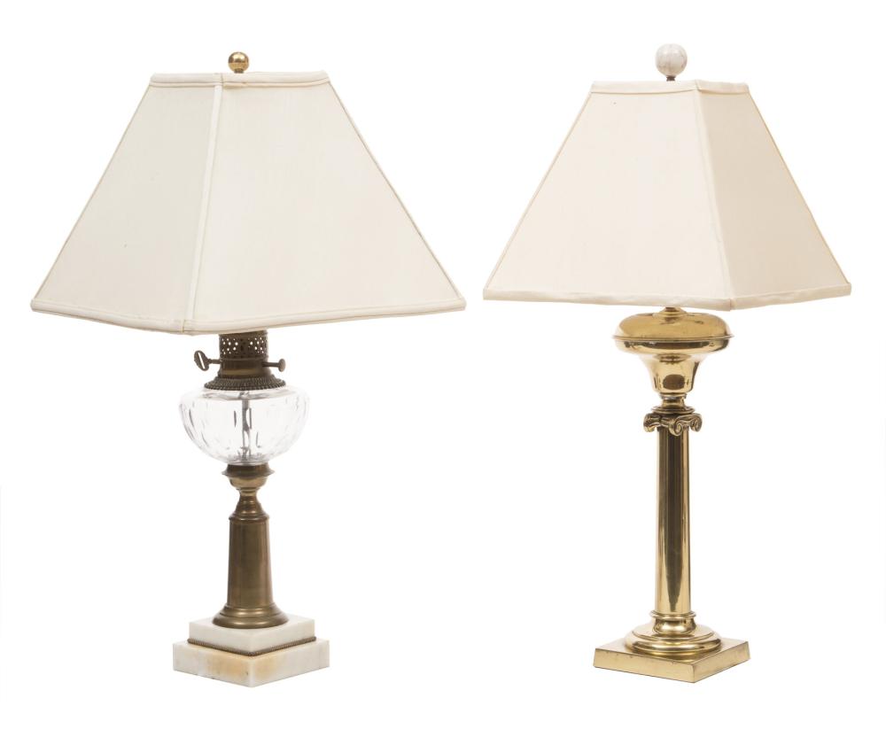 Appraisal: Two Table Lamps incl brass columnar oil lamp base with