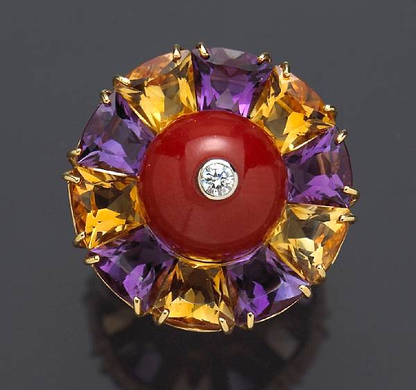 Appraisal: A coral amethyst citrine and diamond ring Nardi Italy signed