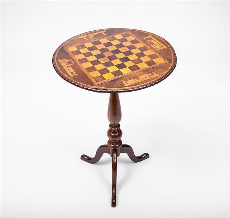 Appraisal: Victorian Inlaid Walnut Tilt Checkered-Top Tripod Table The top also