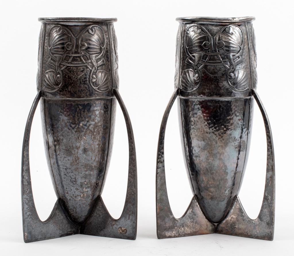 Appraisal: ARCHIBALD KNOX FOR LIBERTY CO SILVERED VASES PAIR Pair of