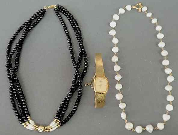 Appraisal: Black onyx and freshwater pearl necklace w k gold clasp