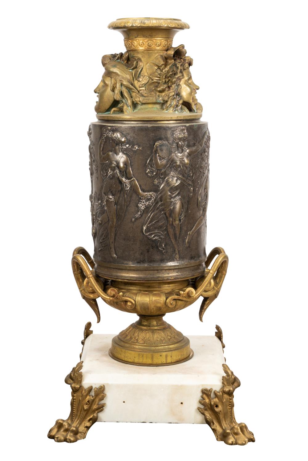 Appraisal: NEOCLASSIC-STYLE BRONZE GILT BRONZE URNmounted to white marble base Condition