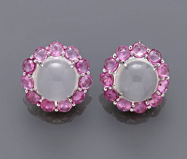 Appraisal: A pair of moonstone and pink sapphire earrings estimated total