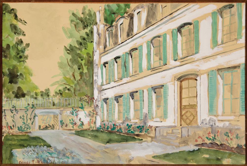 Appraisal: French School th c House with Green Shutters watercolor on