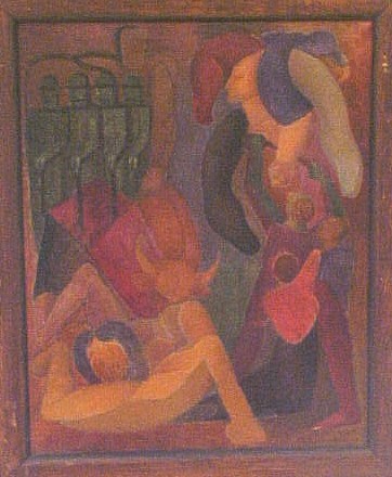 Appraisal: th C oil on canvas abstract figures in deep hues