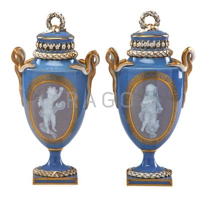 Appraisal: PAIR OF MEISSEN PATE SUR PATE COVERED URNS Condition Report