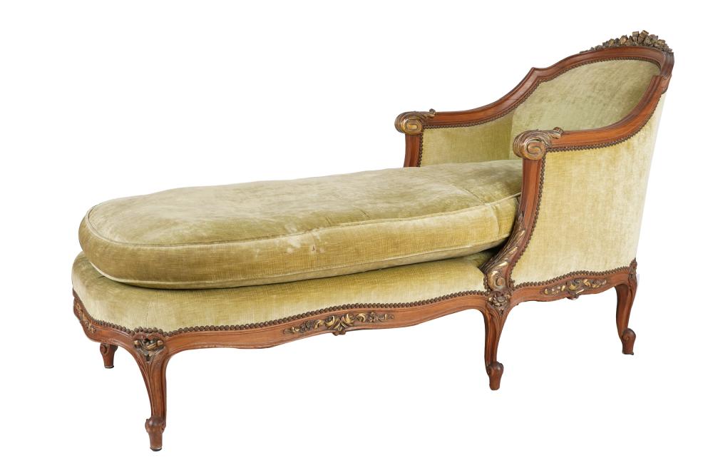 Appraisal: LOUIS XV STYLE CARVED GILT CHAISE LONGUEcovered with pale green