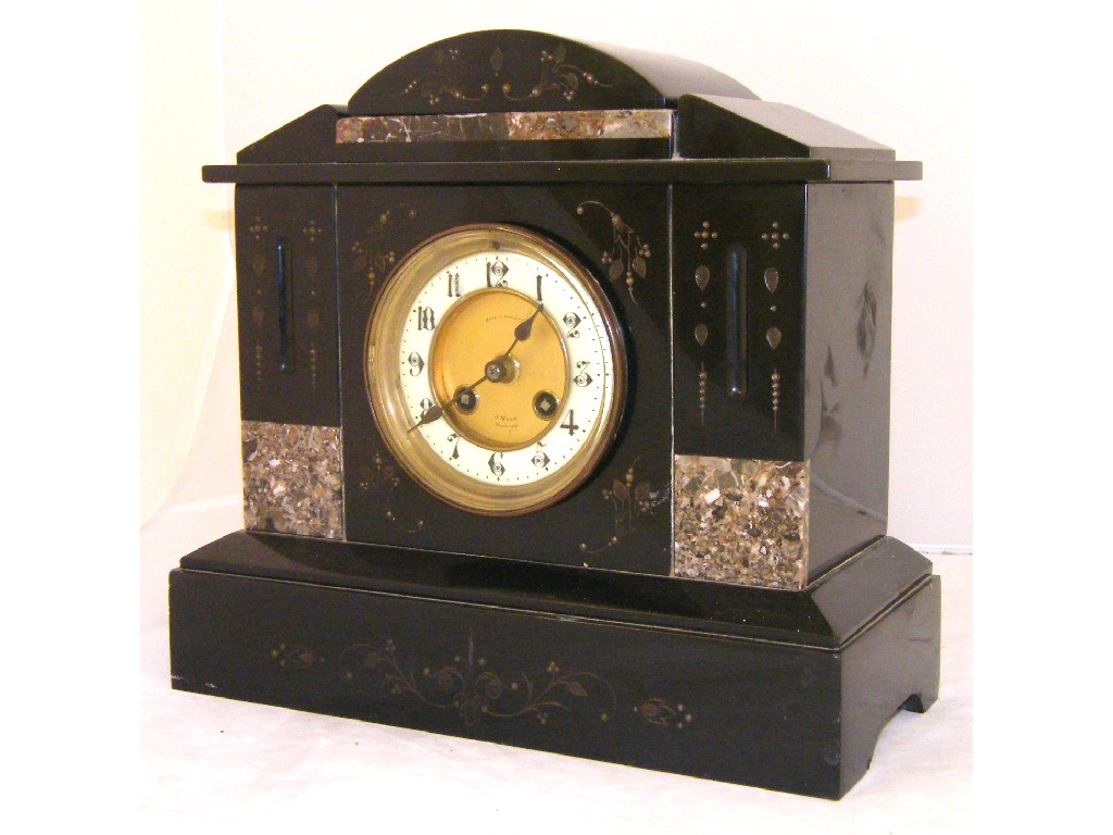 Appraisal: Black slate and grey marble two train mantel clock the