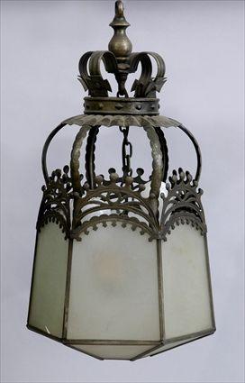 Appraisal: GOTHIC-STYLE CAST AND HAMMERED MIXED METAL HEXAGONAL LANTERN The flared