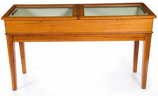 Appraisal: Yellow pine standing display case early th century rectangular slant-lid