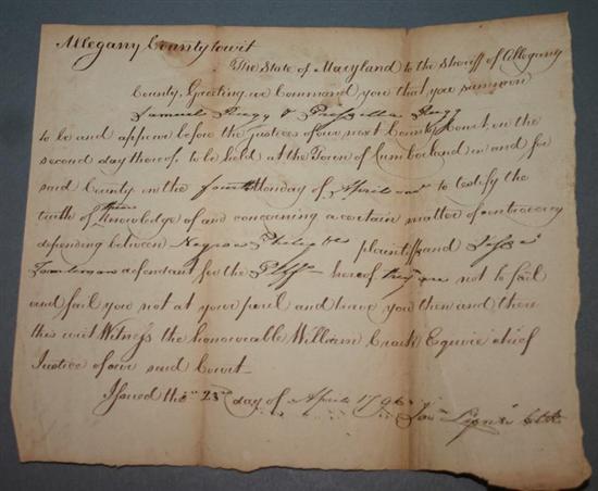 Appraisal: Americana Maryland Manuscript subpoenas issued by John Lynn Clerk ordering