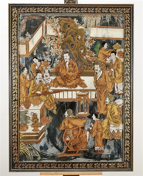 Appraisal: Chinese painted mirror depicting various figures framed calligraphy to upper