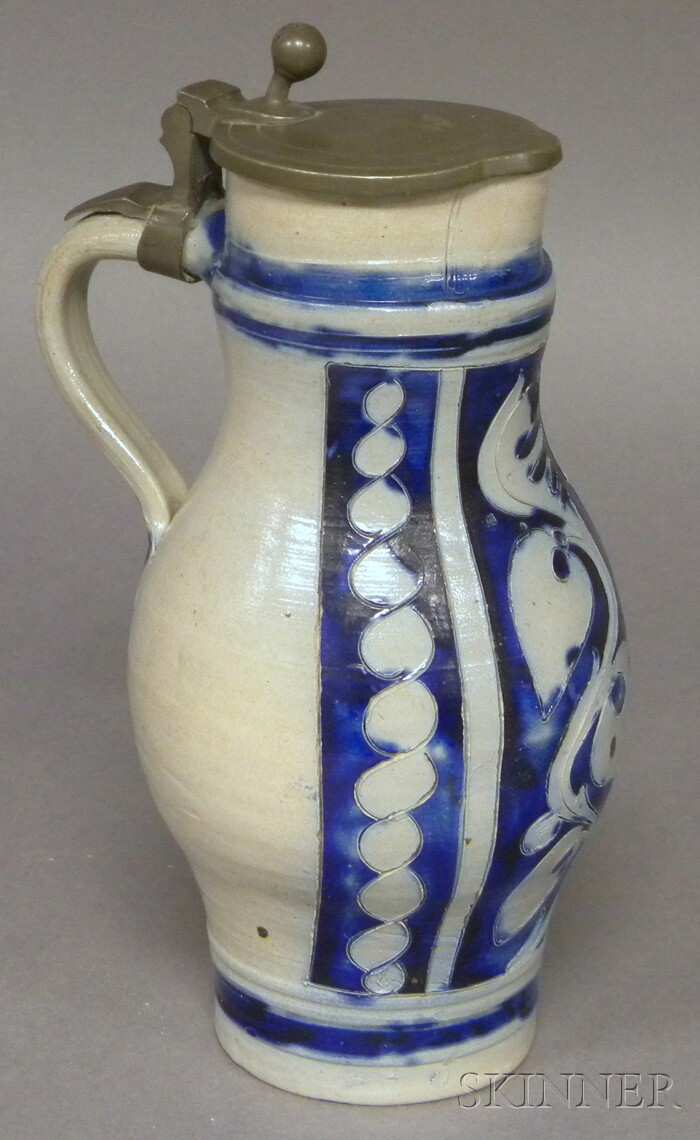 Appraisal: Salt-glazed Cobalt-decorated Pewter-lidded Tankard with abstract botanical design ht in