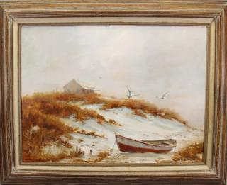 Appraisal: Edward Harrigan American Coastal Scene with beached boat house in