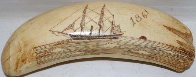 Appraisal: TH CENTURY SCRIMSHAW WHALE'S TOOTH DEPICTING ADOUBLE MASTED SHIP DATED