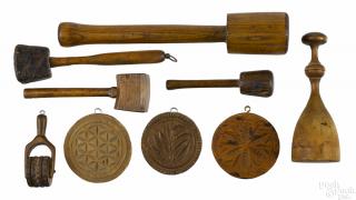 Appraisal: Woodenware th c to include three butter prints five mallets