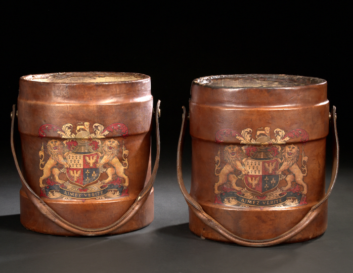 Appraisal: Pair of English Polychromed Leather Cylindrical Fire Buckets fourth quarter