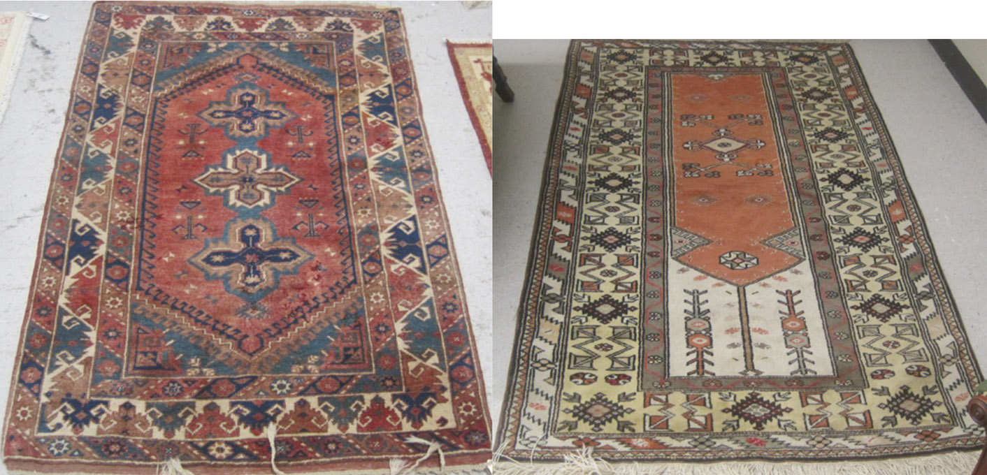 Appraisal: TWO HAND KNOTTED TURKISH TRIBAL AREA RUGS ' X '