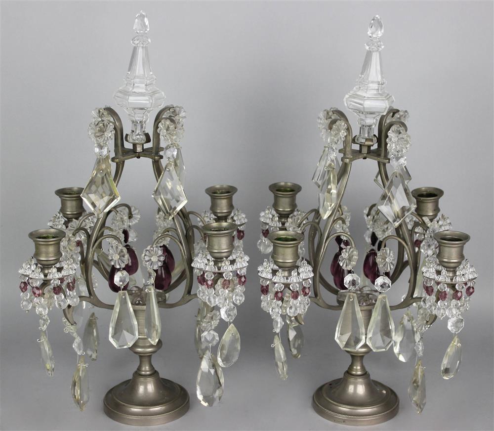 Appraisal: PAIR OF LOUIS XV STYLE PEWTER AND VARI GLASS FOUR-LIGHT