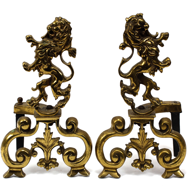 Appraisal: Pair antique Continental gilt bronze fireplace andirons with rampant lions