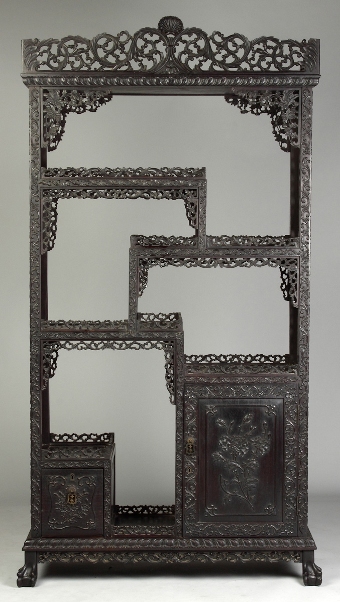 Appraisal: Chinese Carved Hardwood Display w Cabinet Base