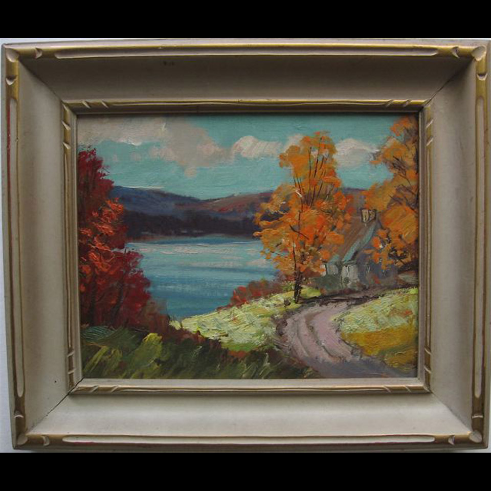 Appraisal: FALL STUDY WITH COTTAGE BY LAKE UNSIGNED S BERNE OIL