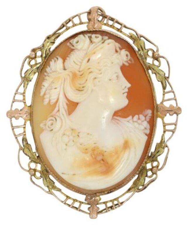 Appraisal: Estate kt tested gold cameo pendant brooch carved shell cameo