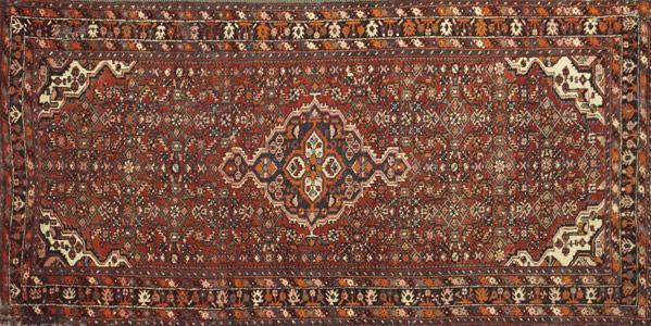 Appraisal: PERSIAN RUG Red background and all-over design Moth damage x