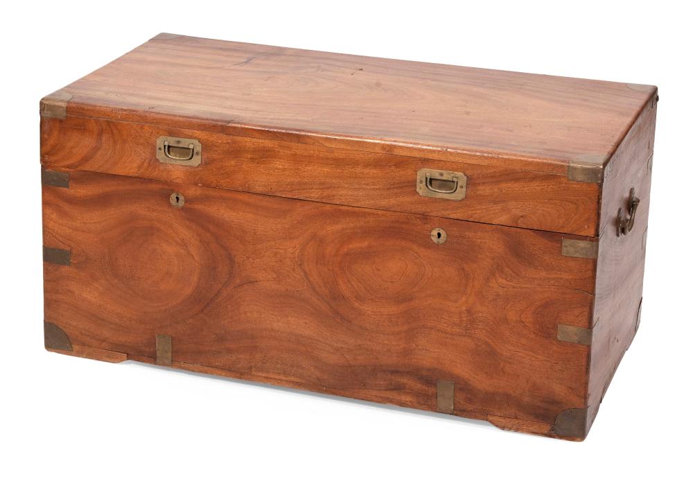 Appraisal: ENGLISH BRASS-BOUND CAMPHORWOOD CHEST th Century Unusual double locks Height