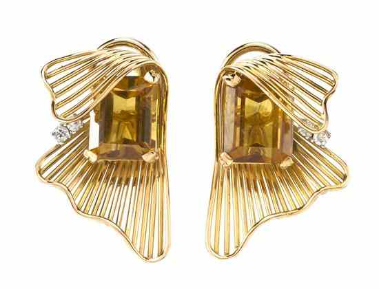 Appraisal: A Pair of Retro Yellow Gold Citrine and Diamond Earclips