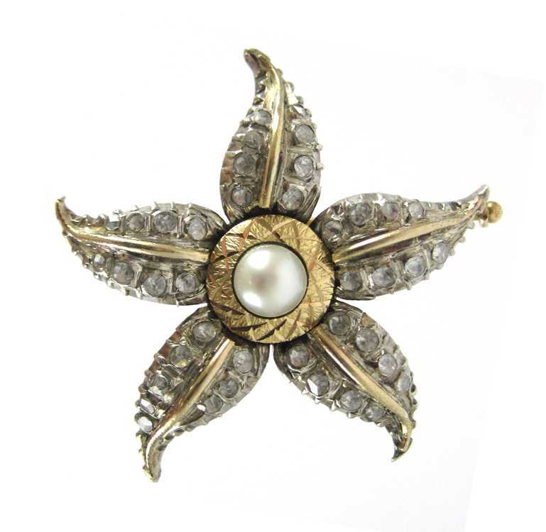 Appraisal: PEARL AND WHITE SAPPHIRE BROOCH k yellow and white gold