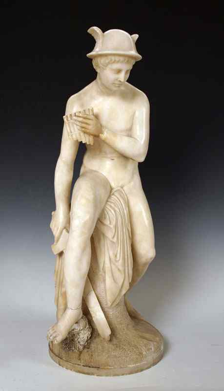 Appraisal: LARGE MERCURY MARBLE Seated Mercury with Sword and Pan Flute