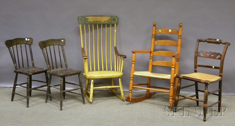 Appraisal: Five Assorted Wood Chairs a slat-back armrocker with rush seat