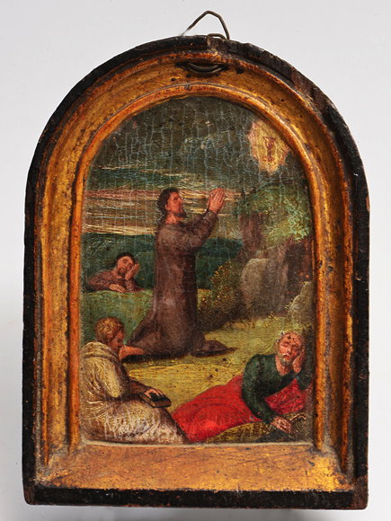 Appraisal: A SMALL DOMED DEVOTIONAL PANEL perhaps th Century Netherlandish the