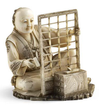 Appraisal: A Japanese ivory okimono Meiji period of a screen maker