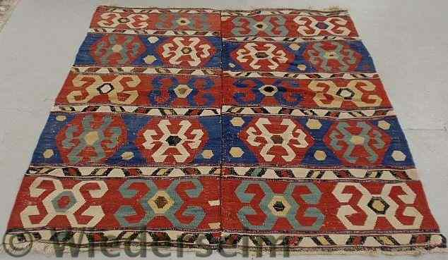 Appraisal: Colorful Kilim oriental flat weave carpet with geometric patterns '